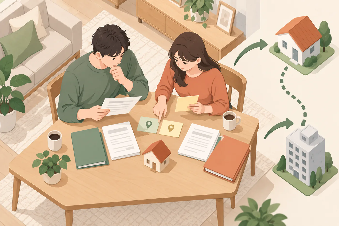 두 사람이 주소 확인에 필요한 서류와 메모를 나란히 비교하는 장면