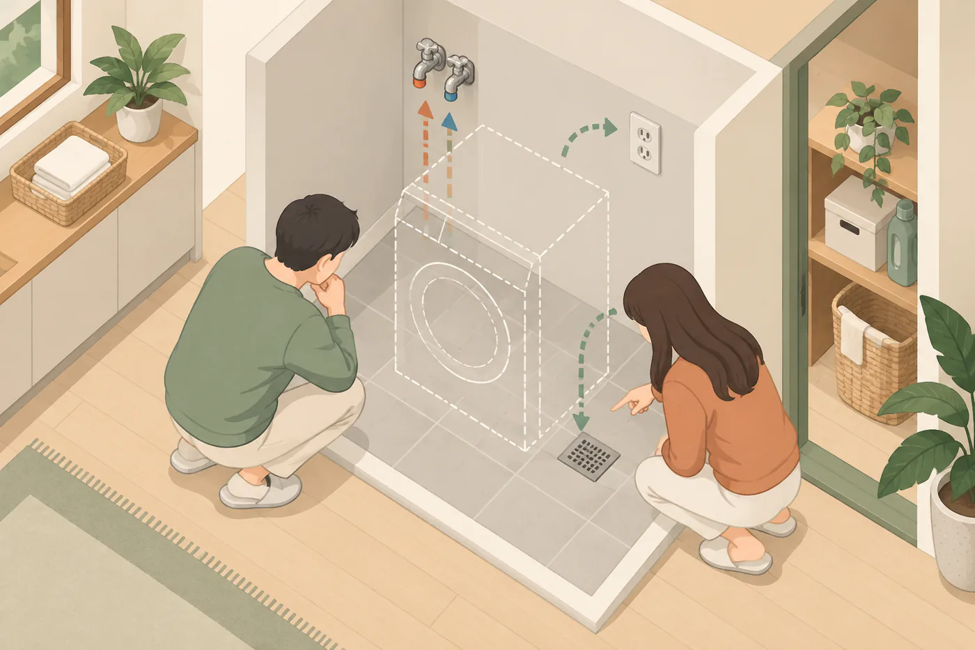 세탁 공간의 수도꼭지와 배수구 위치를 살펴보는 두 사람