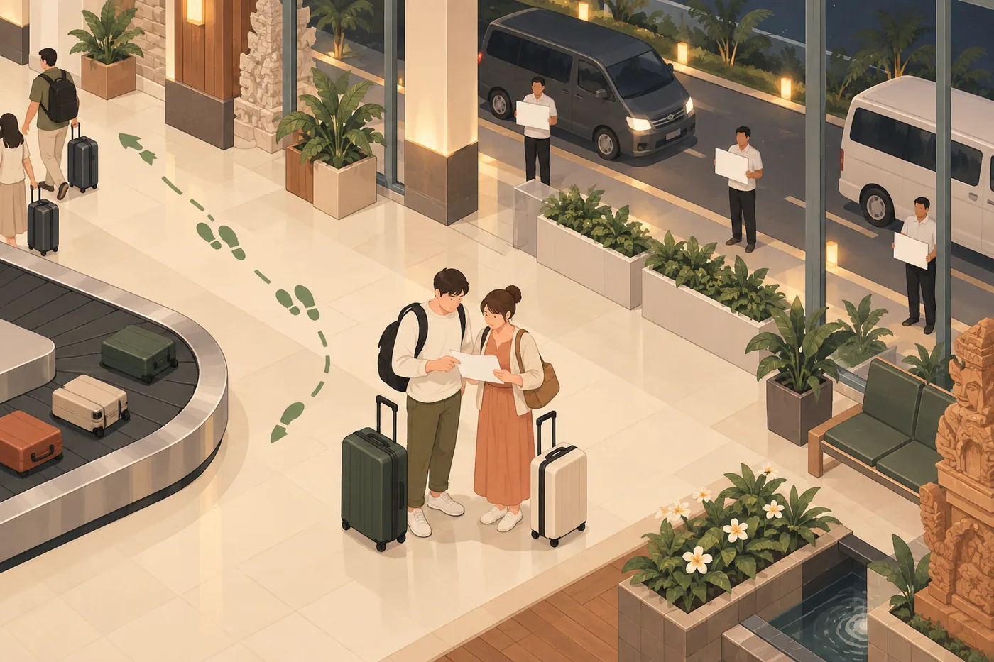 공항 도착장에서 픽업 예약 내용을 확인하는 두 사람