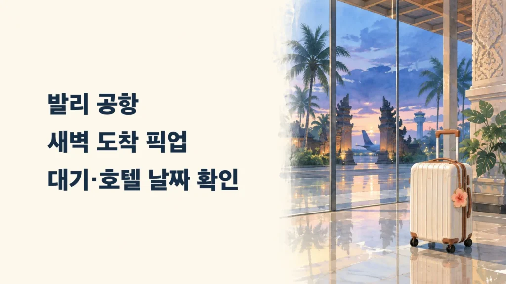 발리 공항 새벽 도착 픽업을 준비하는 여행 가방과 공항 풍경
