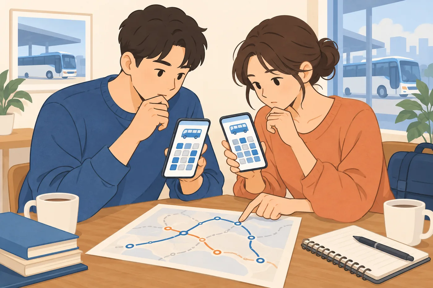2026 추석 버스 예매 노선과 좌석을 각자 휴대전화에서 비교하는 두 사람