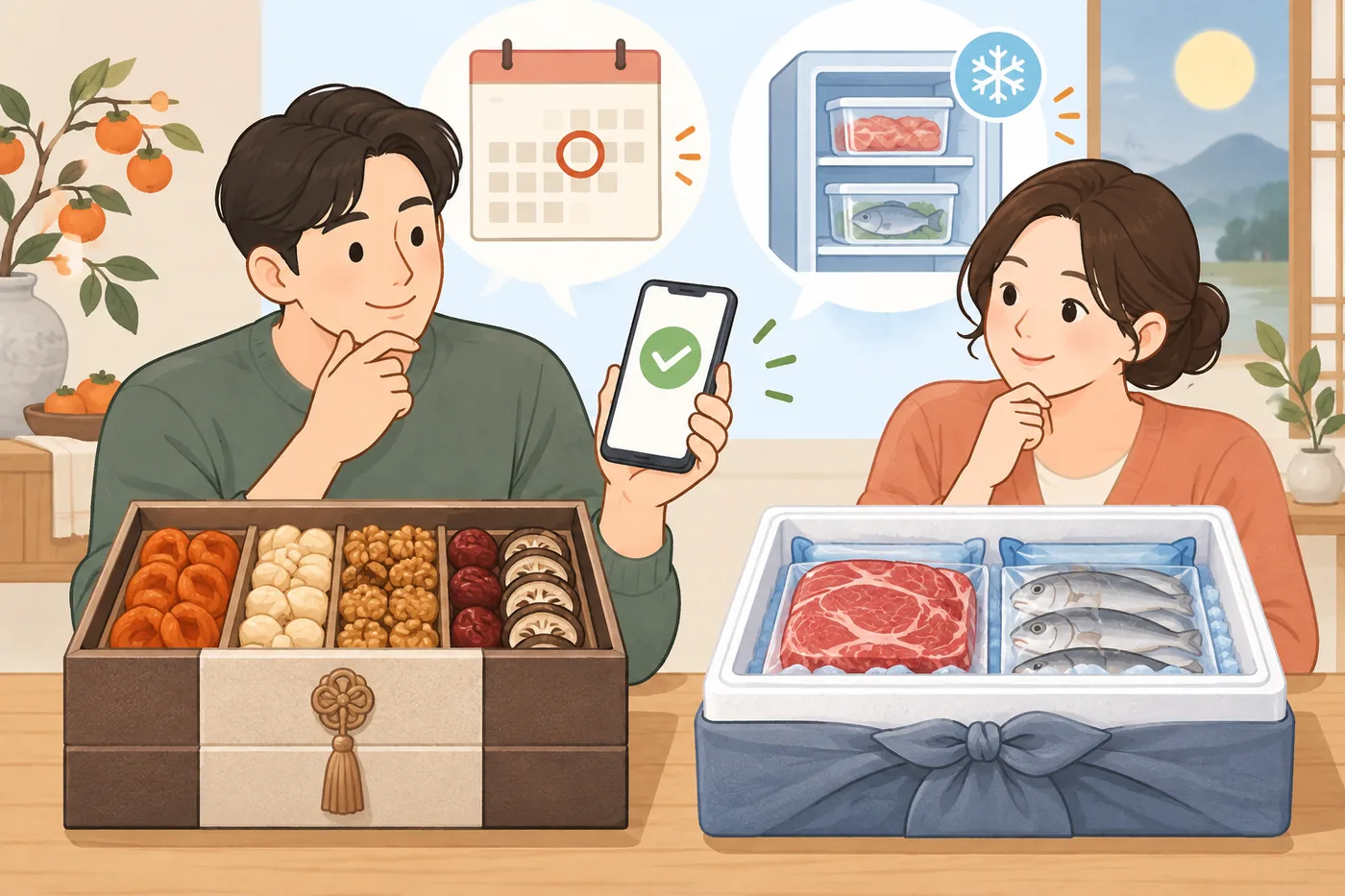 선물 상자의 배송 날짜와 냉장 보관 조건을 함께 확인하는 두 사람
