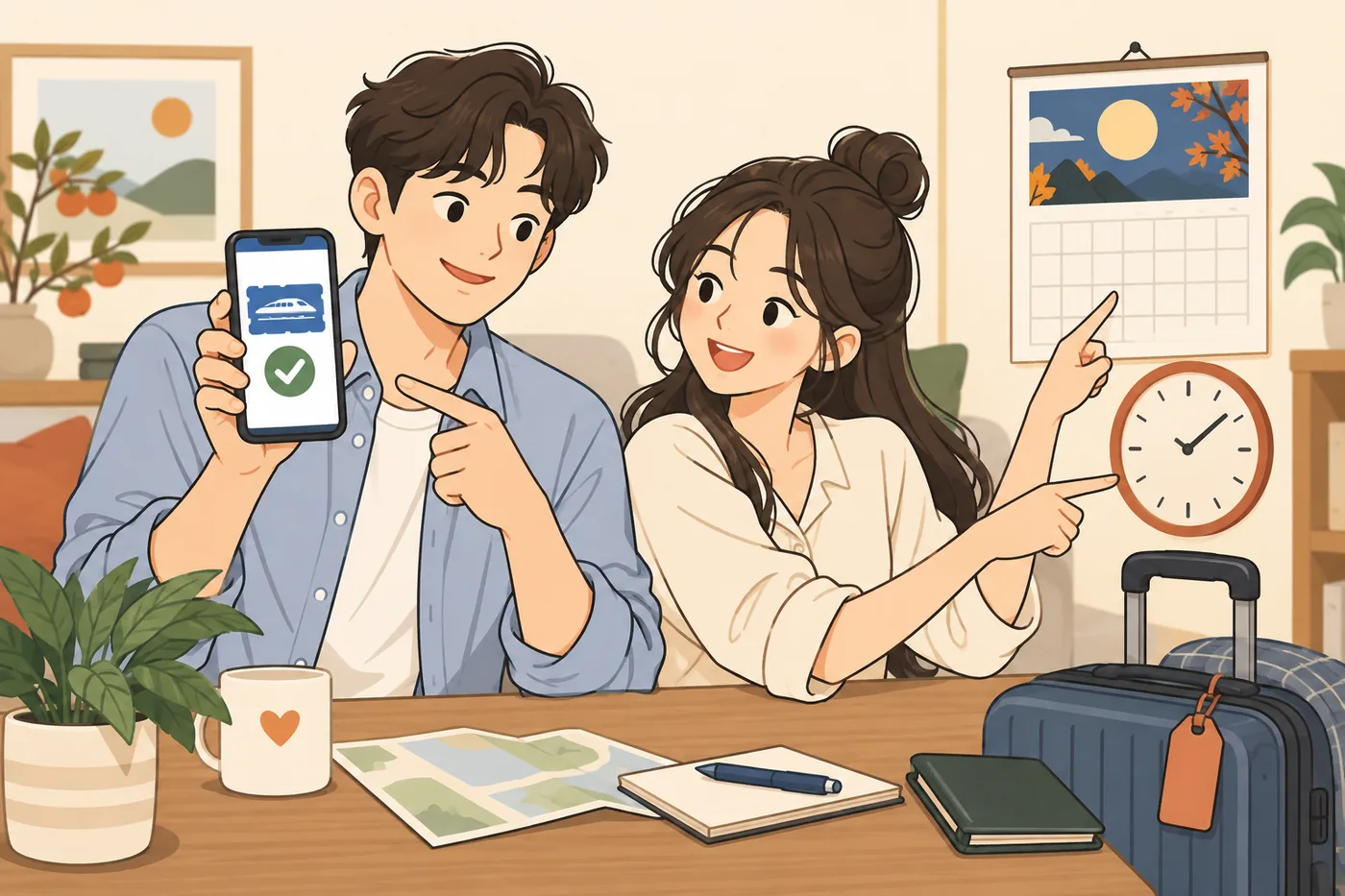 출발 전 휴대전화의 기차표 발권 상태와 달력·시계를 확인하는 두 사람