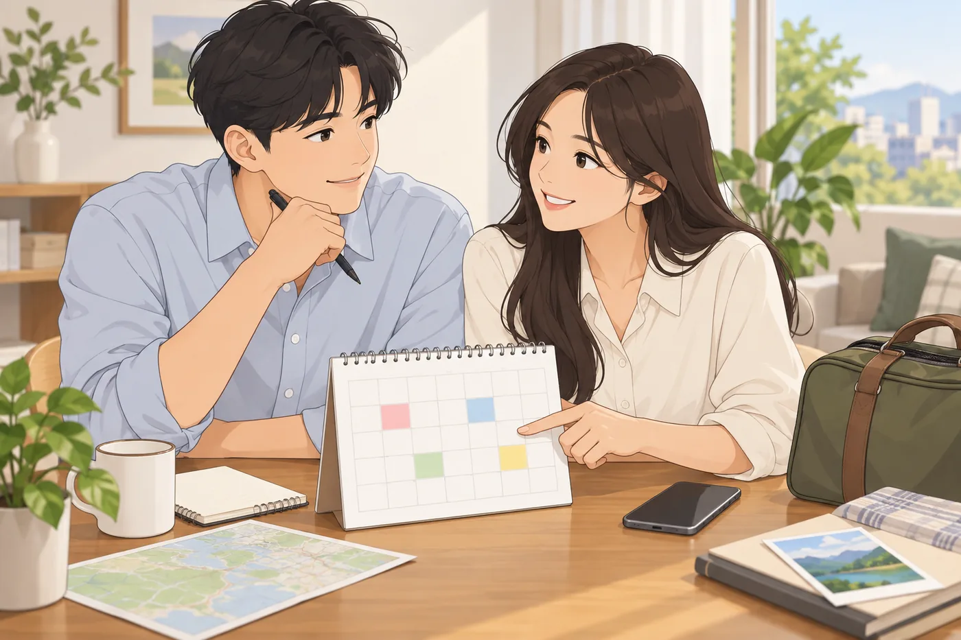 추석 양가 인사 방문 날짜를 달력과 휴대전화로 정하는 두 사람