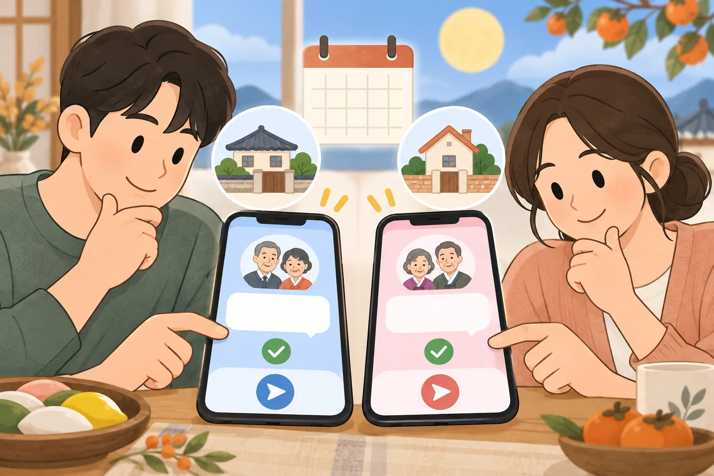 양가에 보낼 추석 인사말의 수신자와 날짜를 두 휴대전화에서 확인하는 두 사람