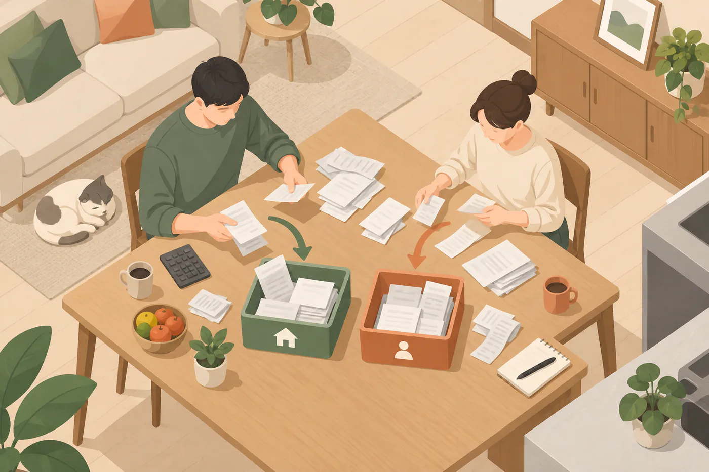 영수증과 고지서를 공동지출과 개인지출로 나누는 두 사람