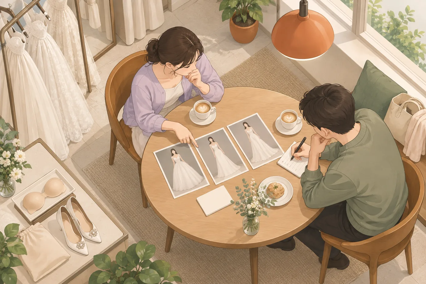 드레스 사진과 번호 메모를 보며 투어 결과를 정리하는 두 사람