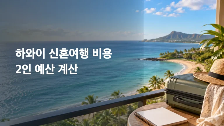 하와이 신혼여행 비용 예산을 위한 바다와 여행가방 제목 이미지
