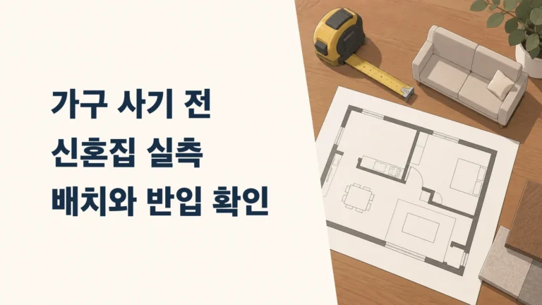 신혼집 가구 사기 전 실측을 준비하는 줄자와 평면도