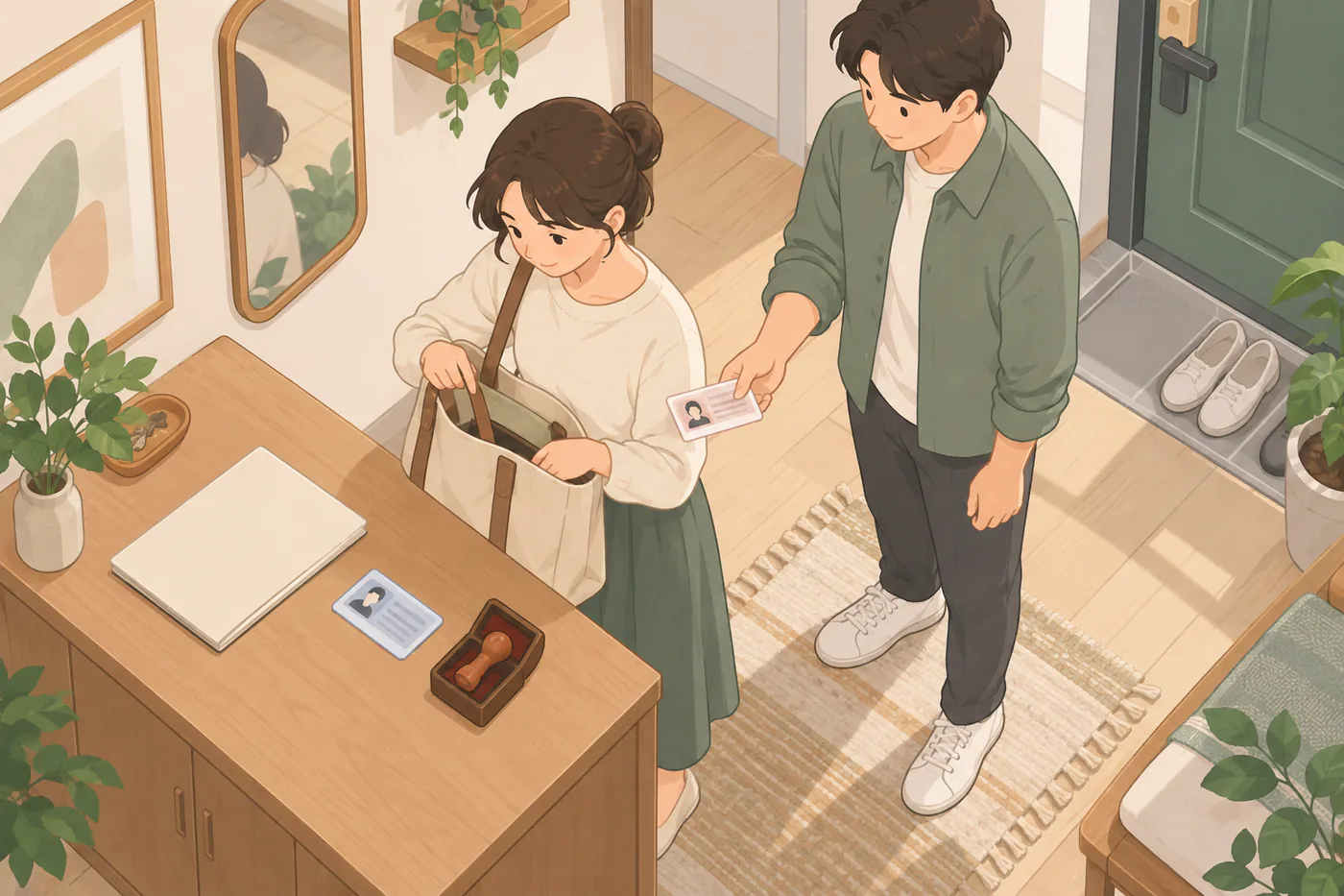 출발 전에 신고서 봉투와 두 사람의 신분확인 자료를 가방에 챙기는 장면