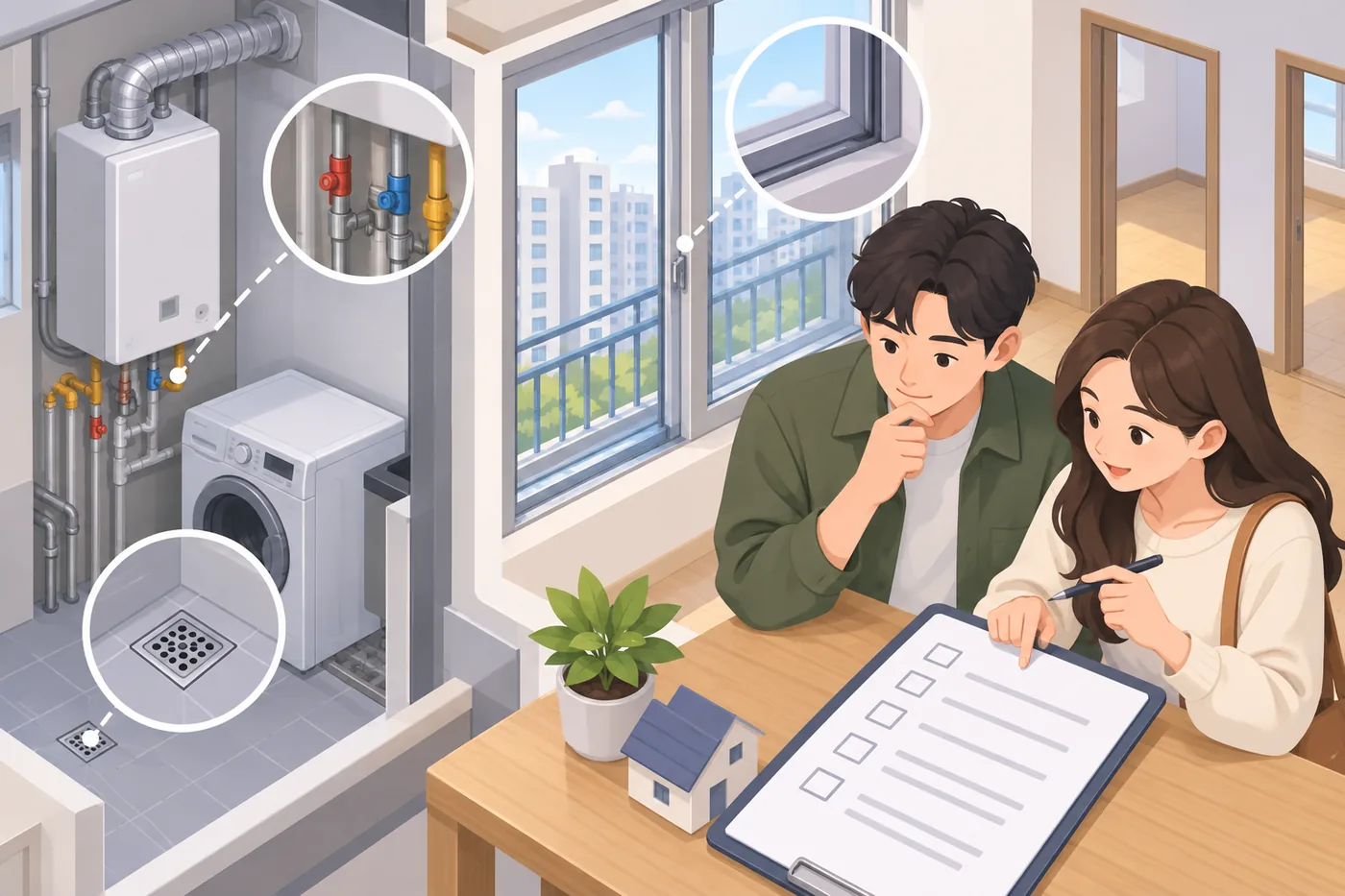 두 사람이 집의 배관과 창문을 살피며 체크리스트를 기록하는 장면
