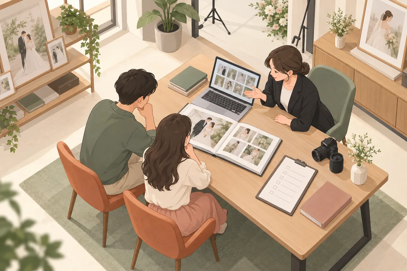 스드메 계약 전 추가금을 확인하며 사진 앨범과 파일 제공 범위를 상담하는 두 사람