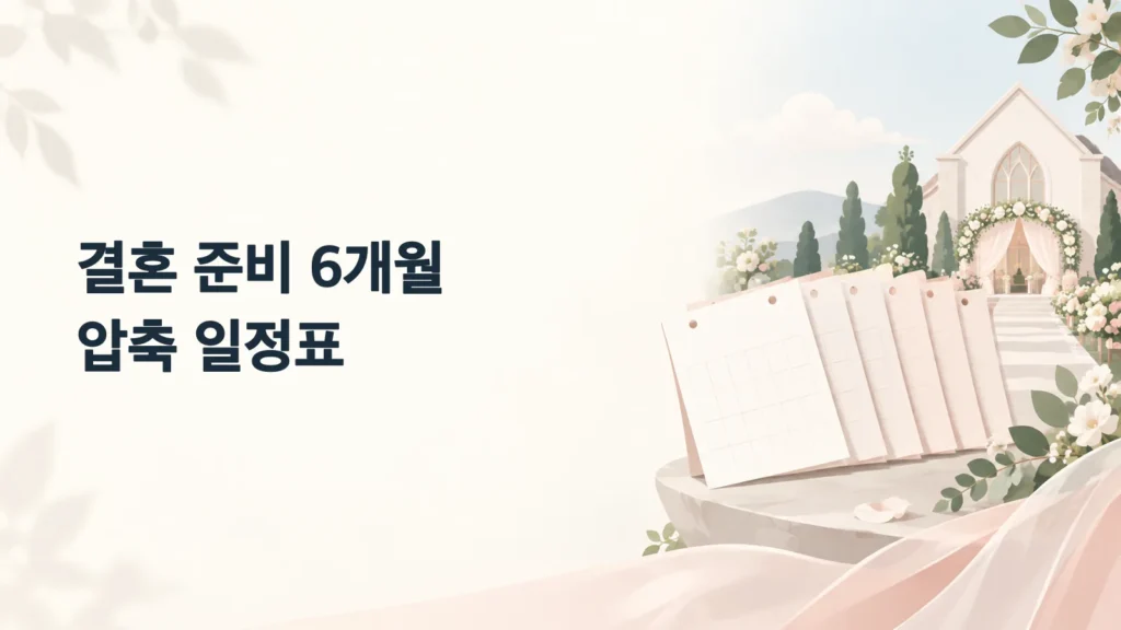 웨딩홀과 여섯 장의 달력 옆에 결혼 준비 6개월 압축 일정표 제목