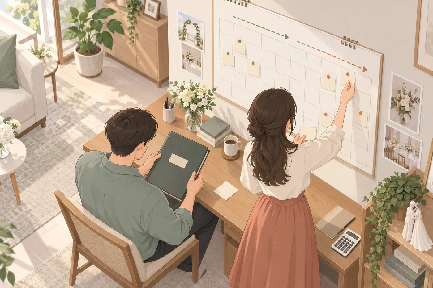 달력과 결제 내역을 보며 계약금과 잔금 날짜를 나누는 두 사람