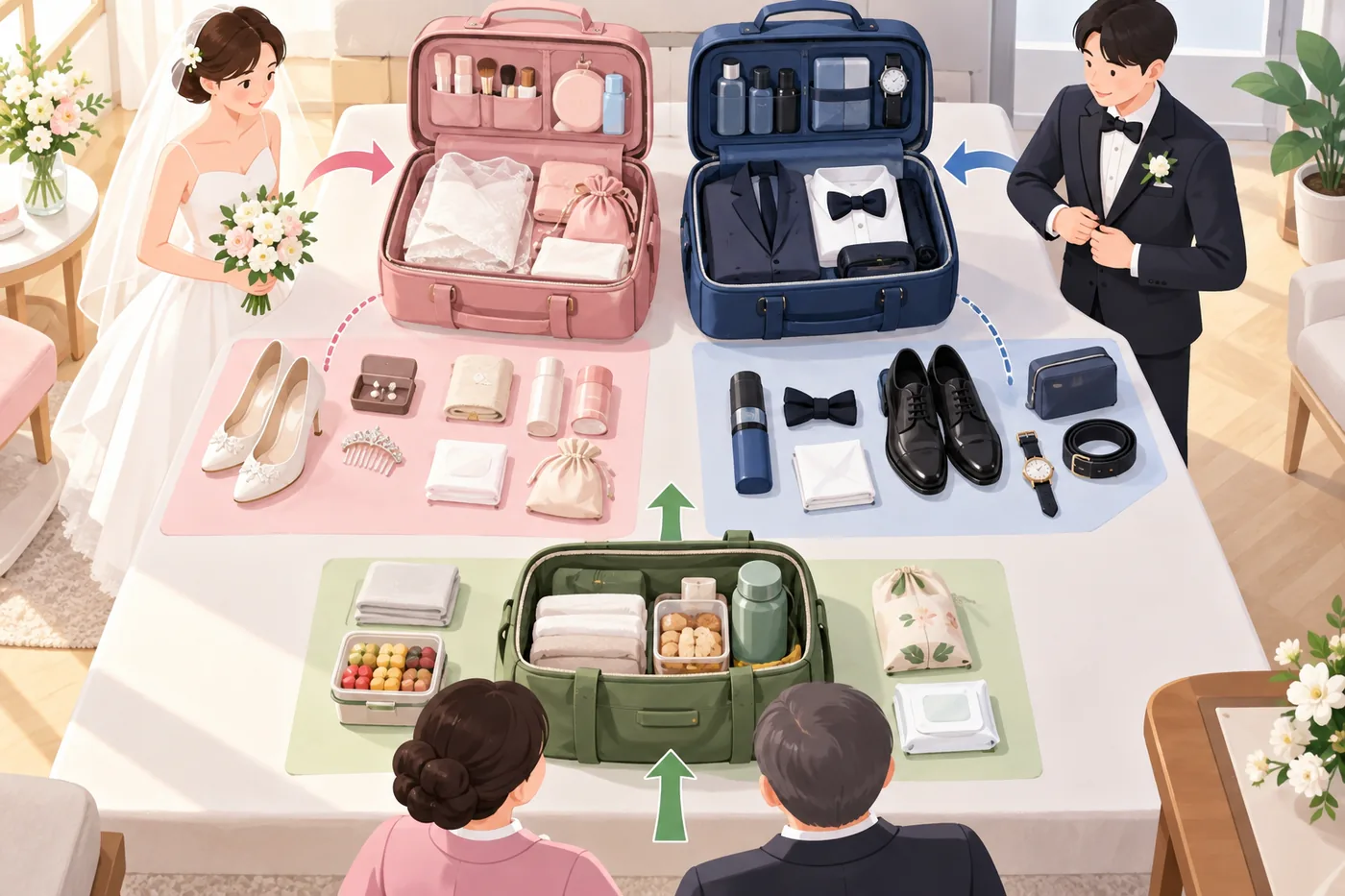 신랑·신부의 의상 소품과 공통 물품을 가방별로 나눠 준비하는 장면