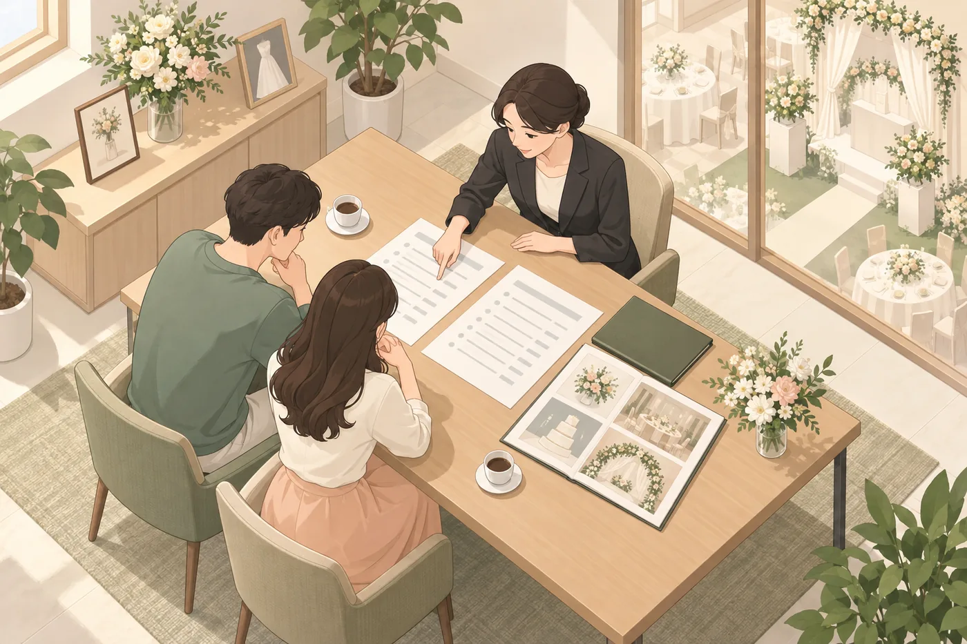 결혼식 견적 외 추가금을 찾기 위해 두 견적서의 포함 항목을 비교하는 모습
