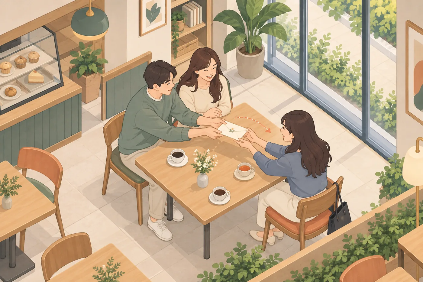 카페에서 지인에게 청첩장 봉투를 건네는 예비부부