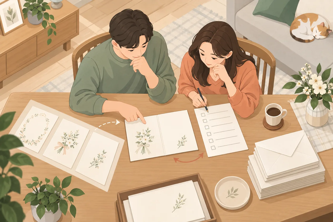 인쇄 전 청첩장 시안과 확인표를 나란히 놓고 읽는 두 사람