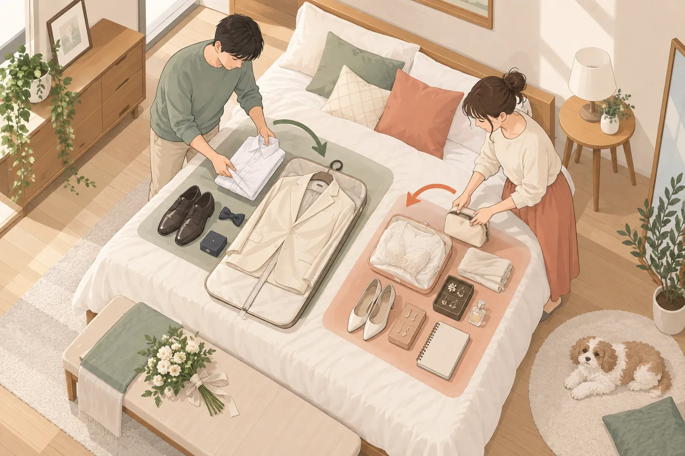 웨딩촬영 전날 준비물을 의상 가방과 개인 파우치로 나눠 챙기는 두 사람