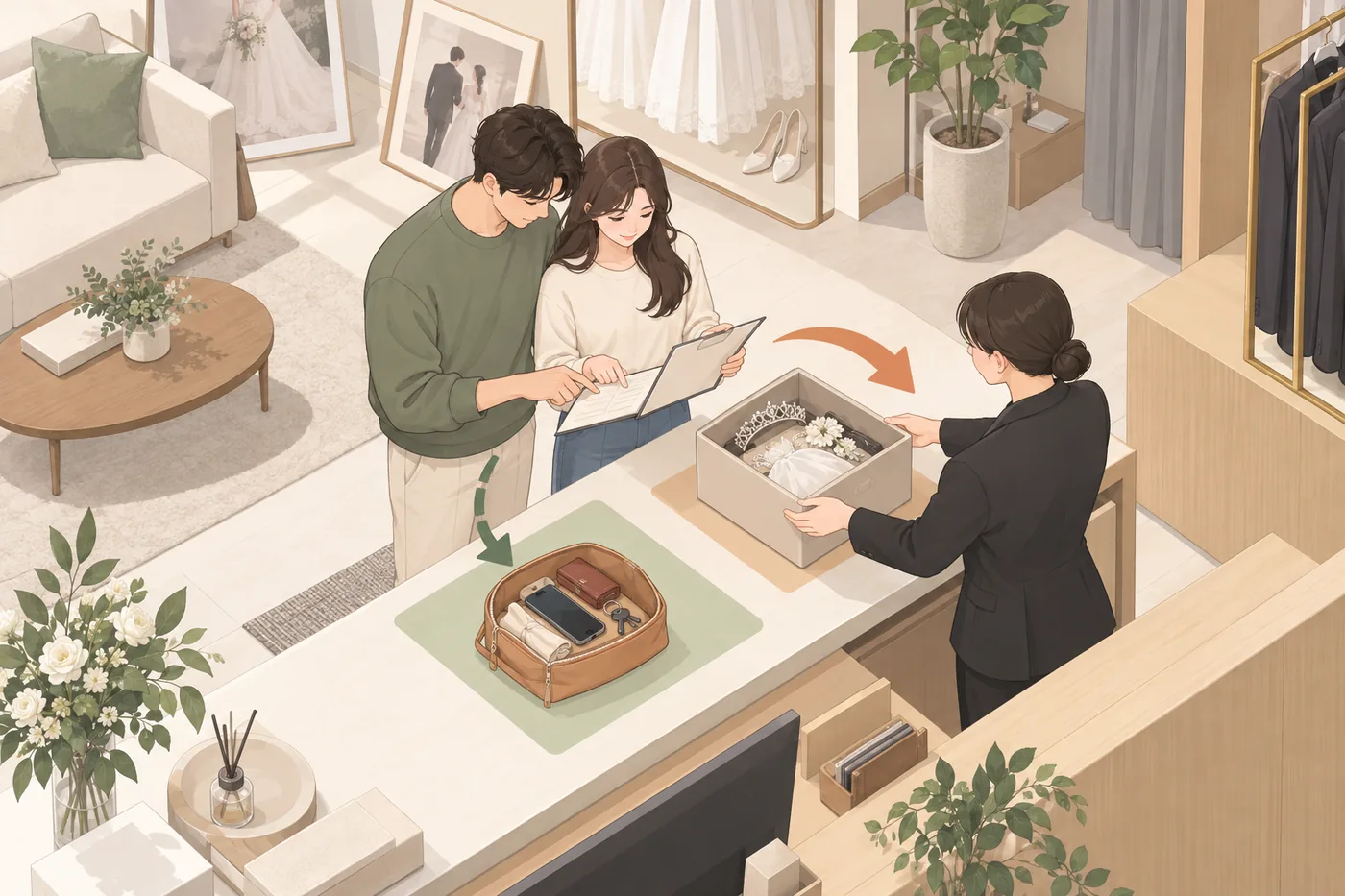 촬영 후 대여 소품과 개인 물품을 나누어 반납 목록을 확인하는 두 사람