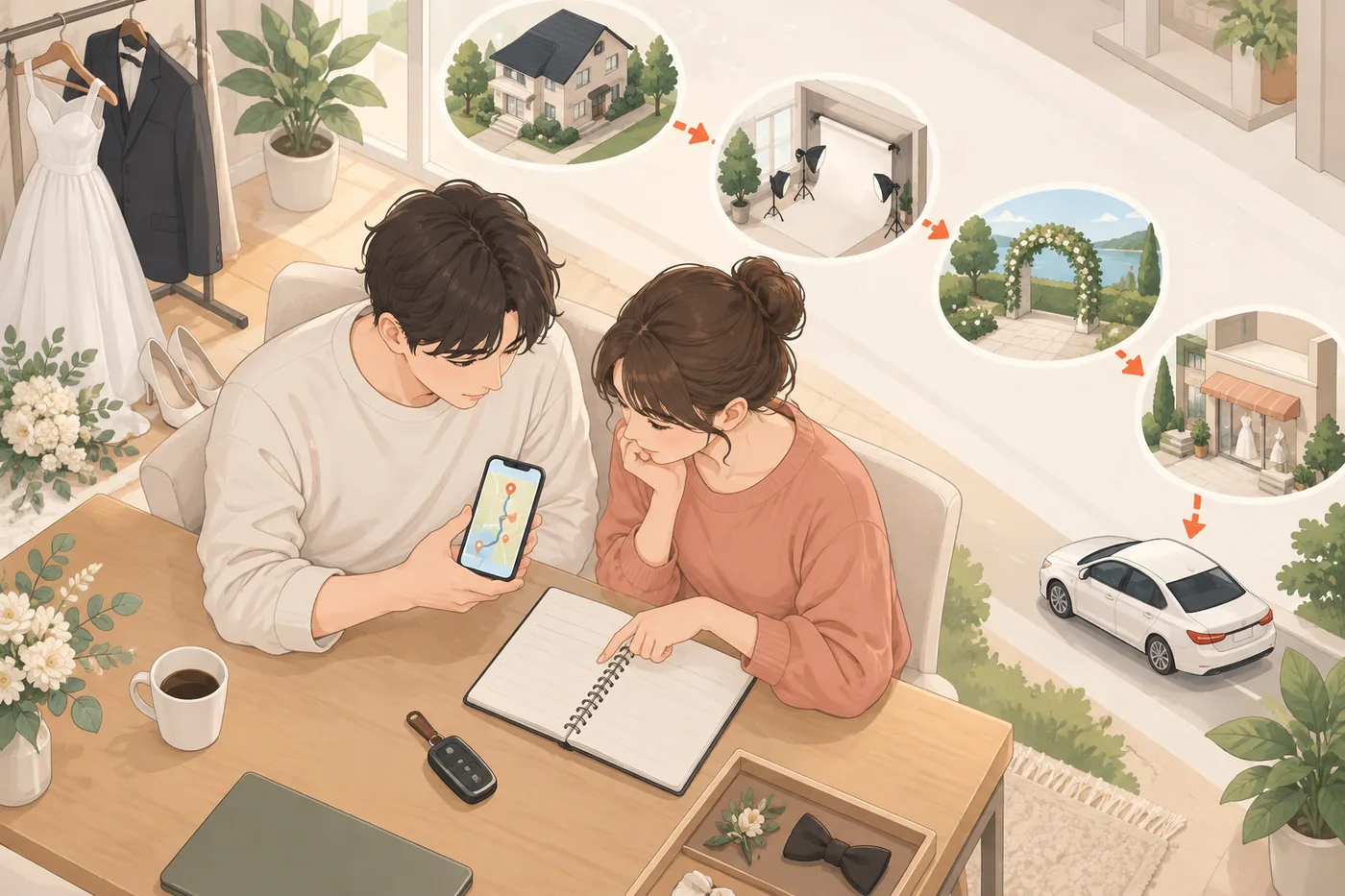 휴대폰 일정과 지도 화면을 보며 메이크업 숍과 촬영장 이동을 확인하는 두 사람