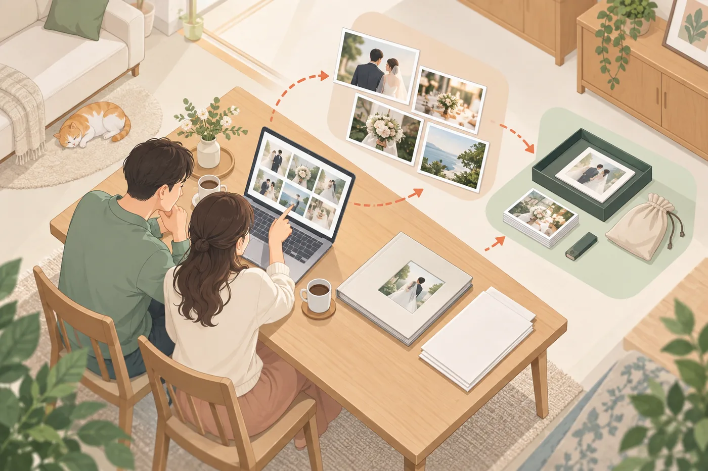 노트북의 사진 목록과 앨범을 보며 납품 구성을 정리하는 두 사람