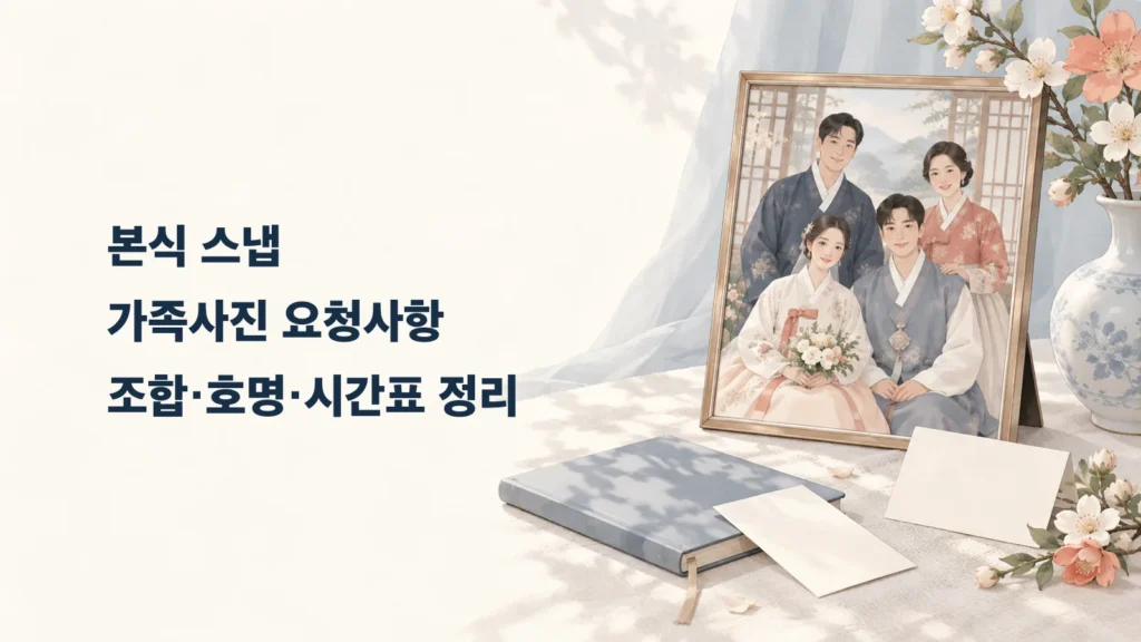 본식 스냅 가족사진 요청사항 제목과 가족사진 액자