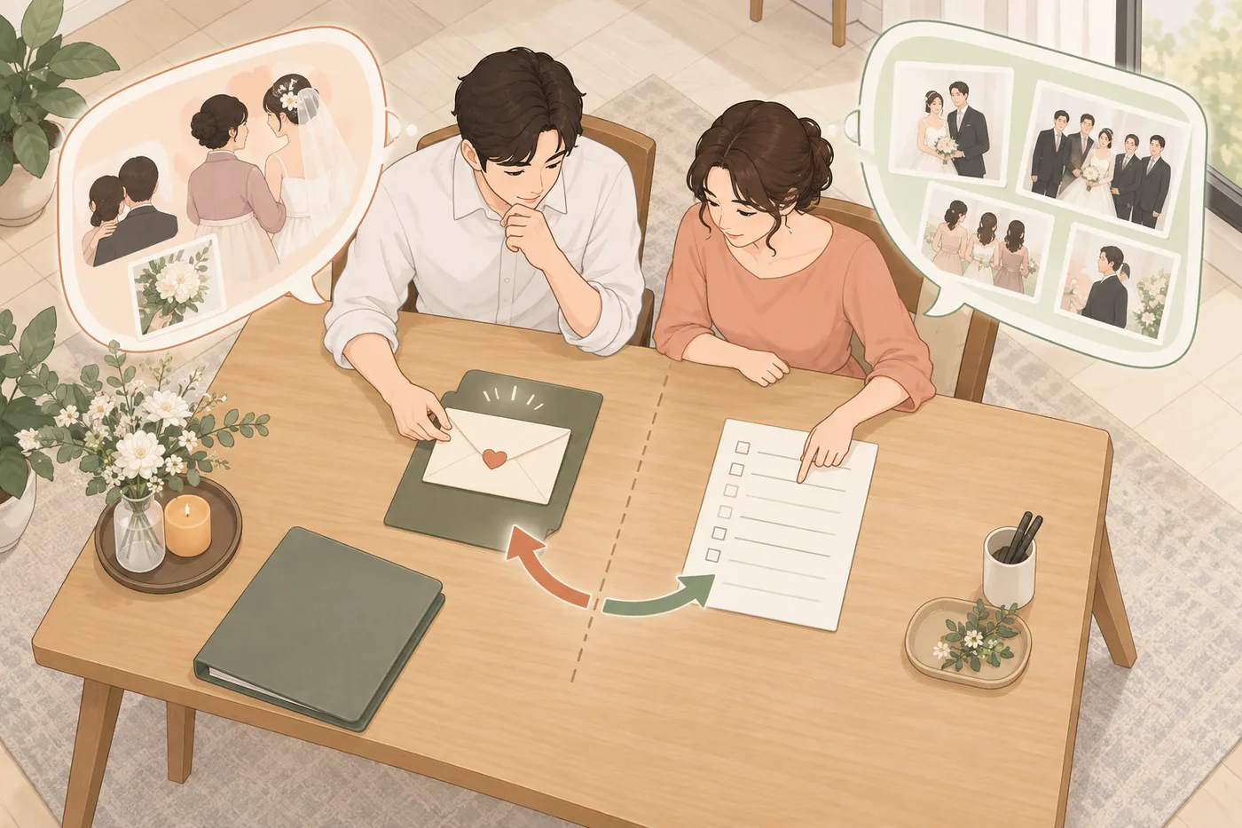 비공개 요청 메모와 일반 촬영 목록을 나누어 검토하는 두 사람