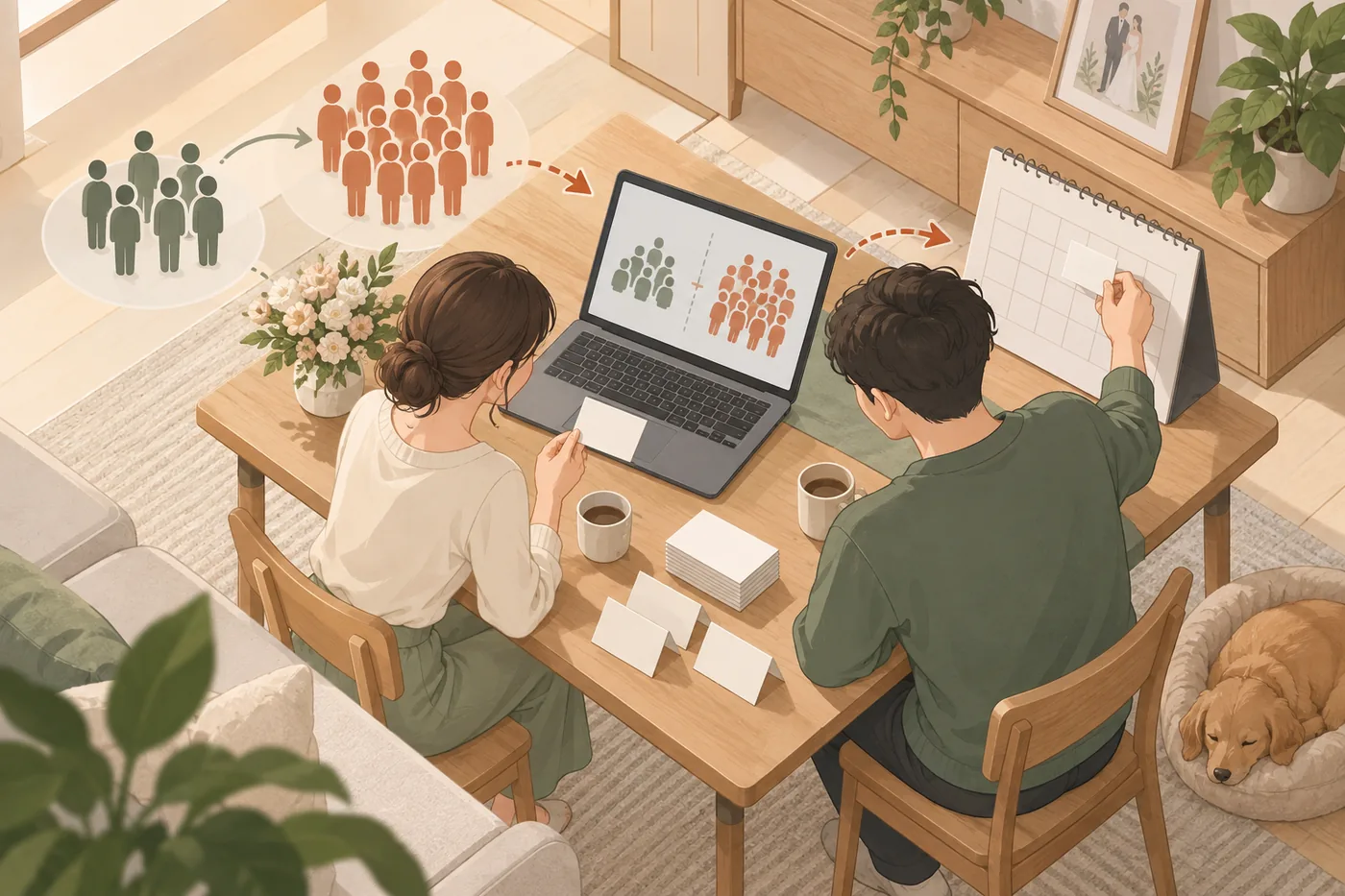 최종 식사 인원과 전달 날짜를 노트에 기록하는 두 사람